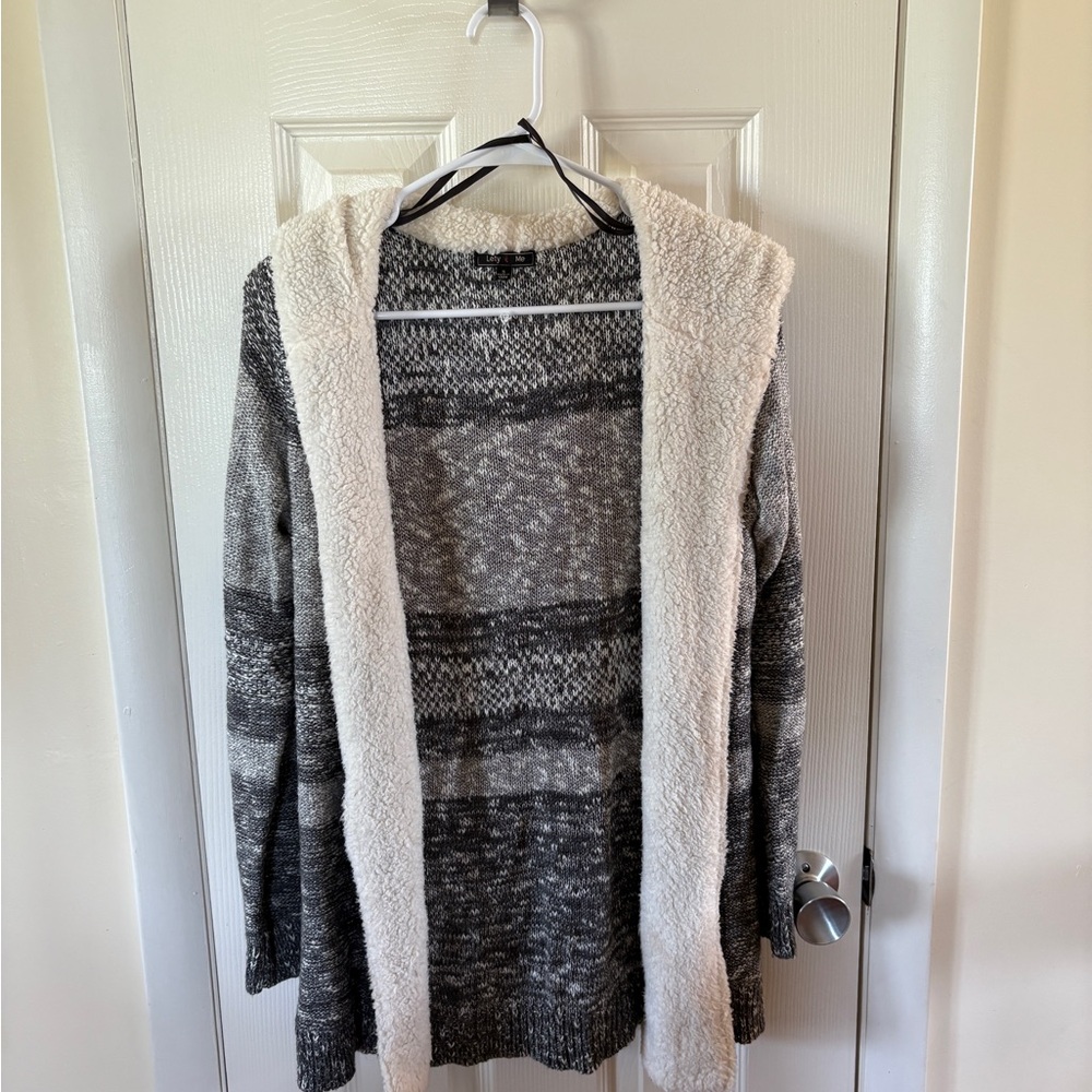 Open-Front Hooded Cardigan with Sherpa Trim - Gray & Cream